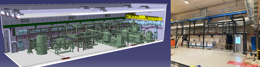 collage showing 3D model of compressor station versus steel structure