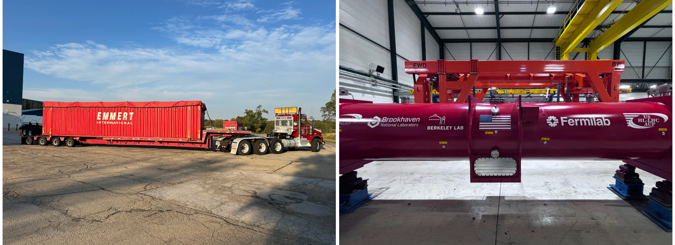 truck with red carrier part, and cylindrical red equipment with four white logos on it