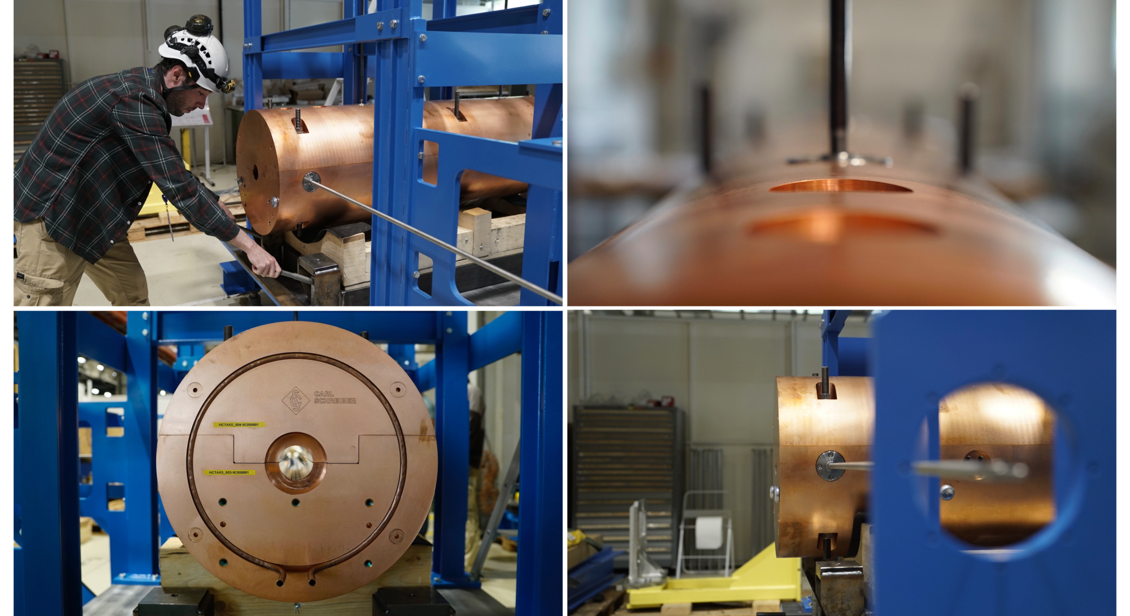 three different angles of a large copper cylinder in a blue frame, and a picture of a man in a helmet adjusting this equipment