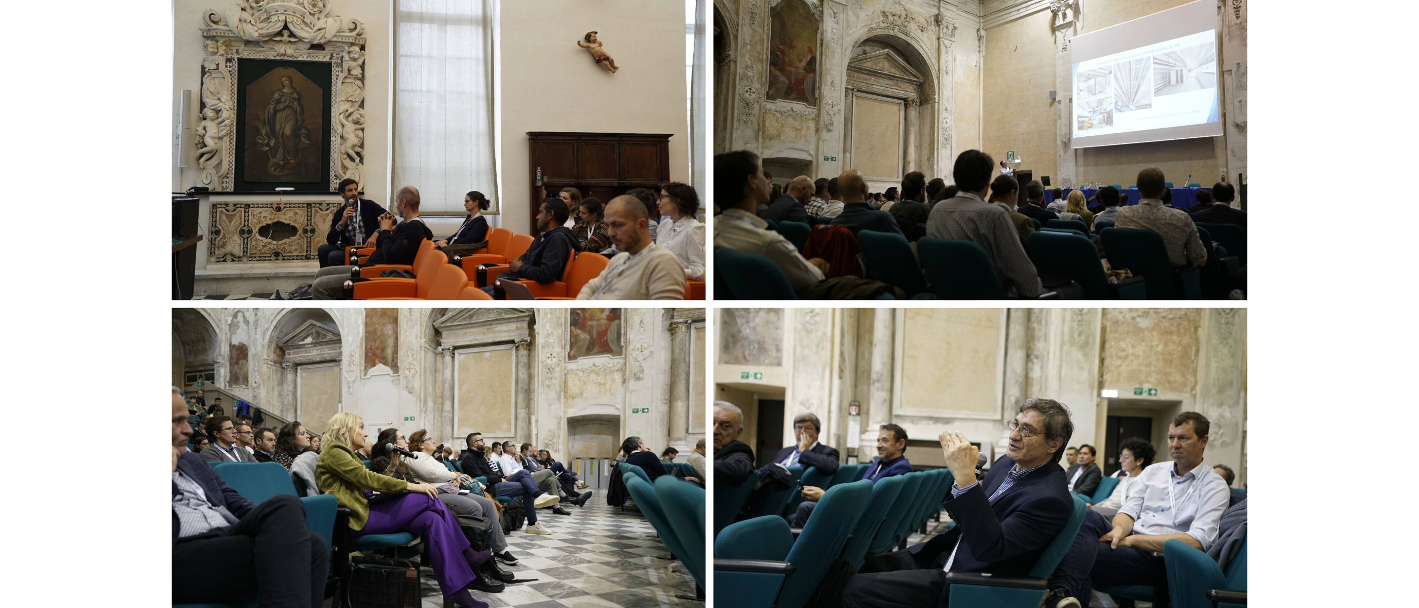 four photos. 3 with people sat spekaing on a microphone and 1 a wide shot of a talk